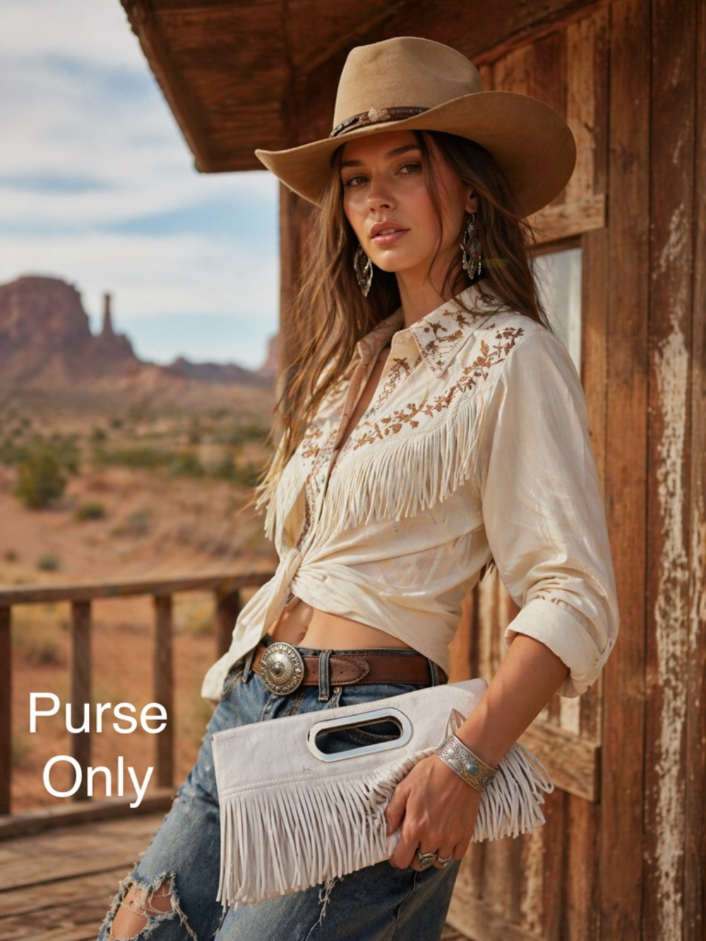 Charming Charlie Faux Leather Fringe Cream Clutch Purse